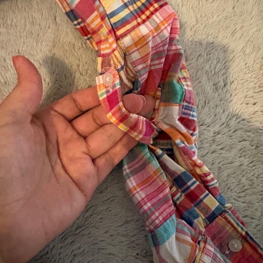 Lands End Womens XL Patchwork Madras Plaid Button Down Shirt Multi Color Preppy - Picture 4 of 8